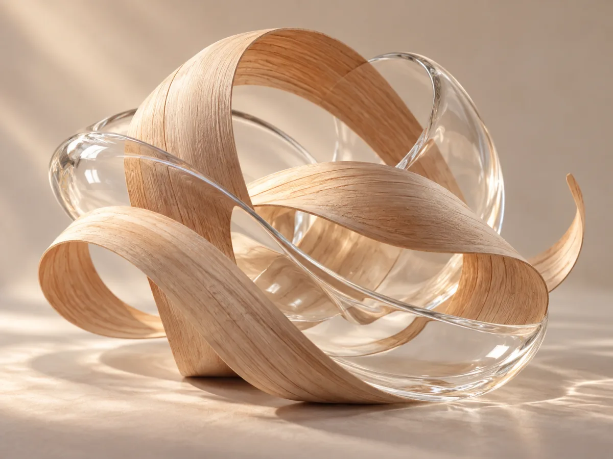 Nastri di legno chiaro intrecciati a vetro trasparente, interpretazione evocativa di Iso E Super