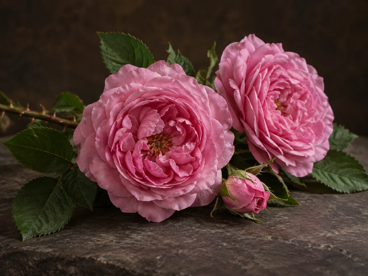 Rose di Isparta rosa con bocciolo, foglie seghettate e stelo spinoso