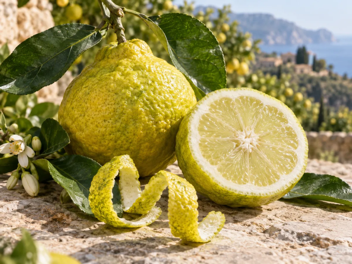 Bergamotto italiano giallo verde con polpa e scorza fresca in un agrumeto