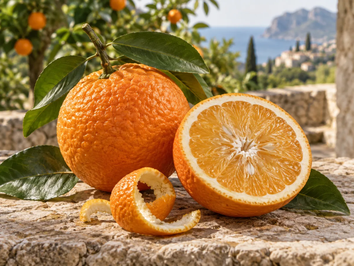 Arancia amara italiana intera e tagliata con scorza fresca su pietra chiara