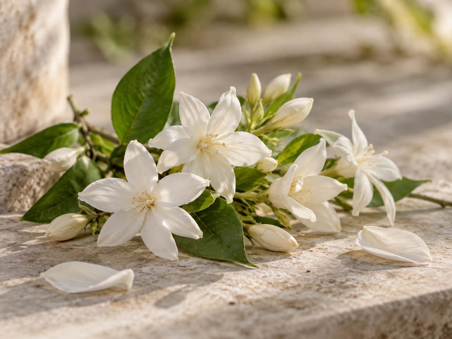 Fiori bianchi di gelsomino e petali delicati su pietra chiara