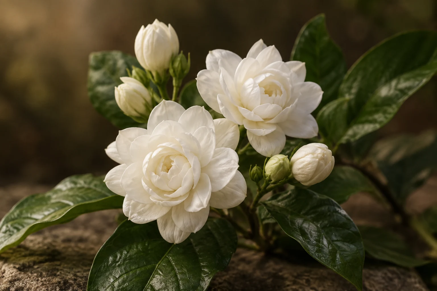 Fiori bianchi e boccioli di gelsomino sambac con foglie lucide