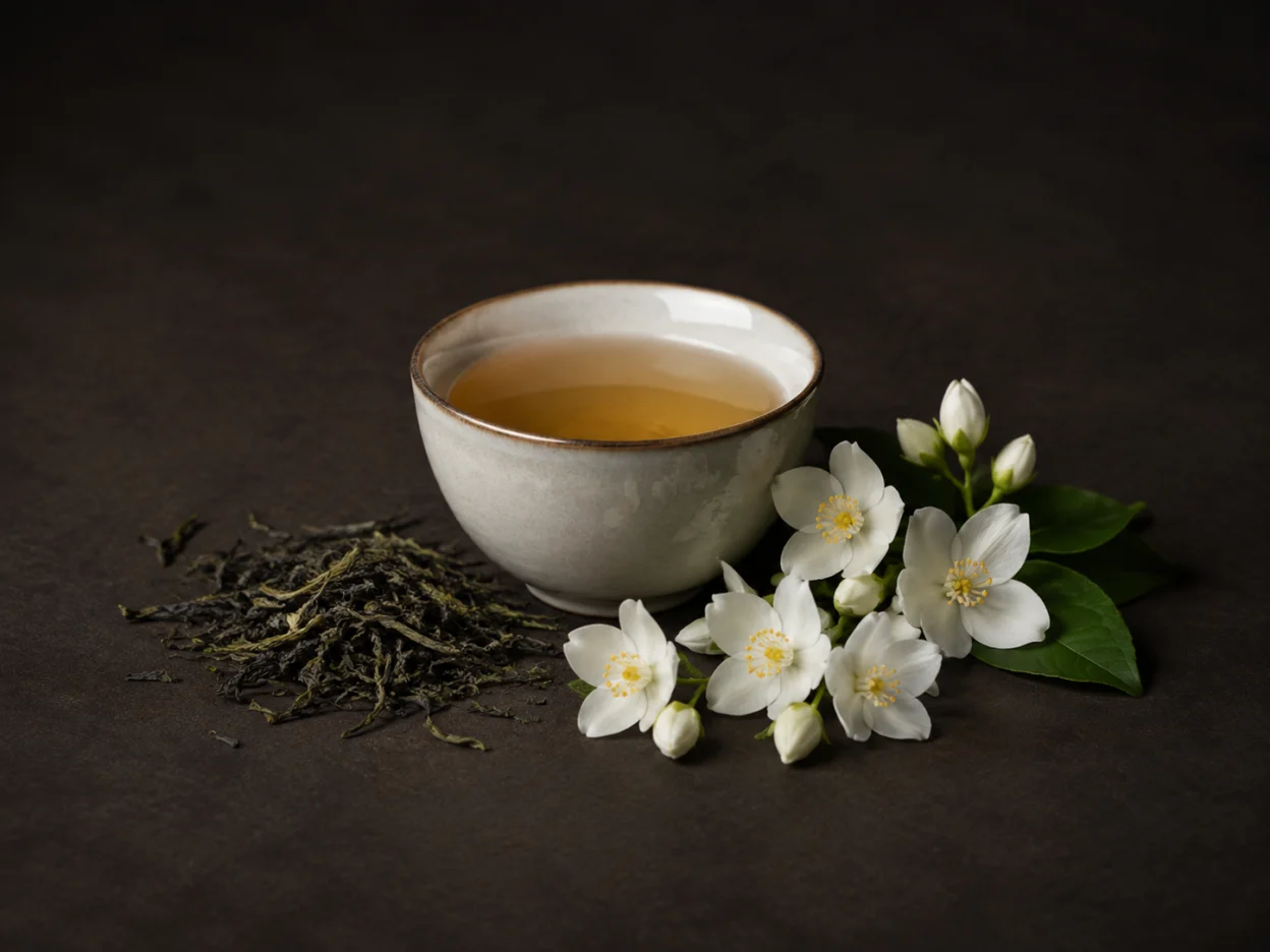 Tazza di tè con foglie e fiori bianchi di gelsomino