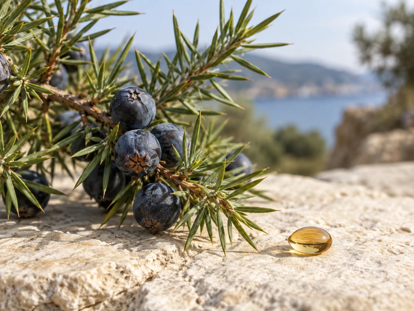 Ramo di ginepro con galbuli blu scuri e una goccia ambrata di olio aromatico