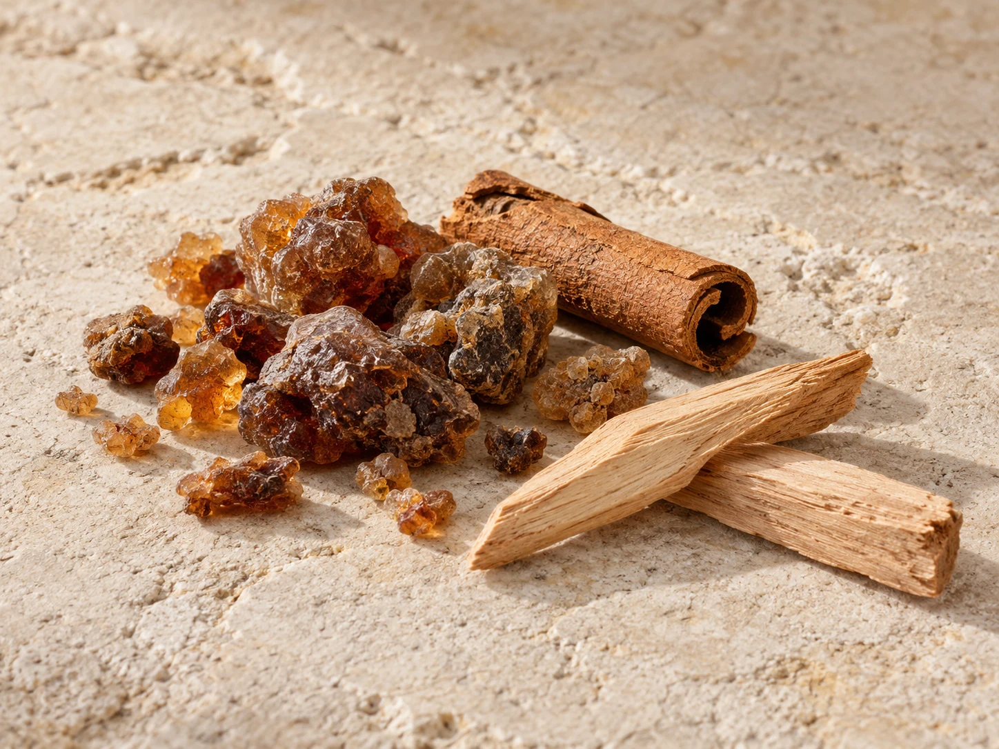 Resine ambrate, corteccia di cannella e scaglie di legno su pietra chiara, evocazione dell’accordo di kyphi