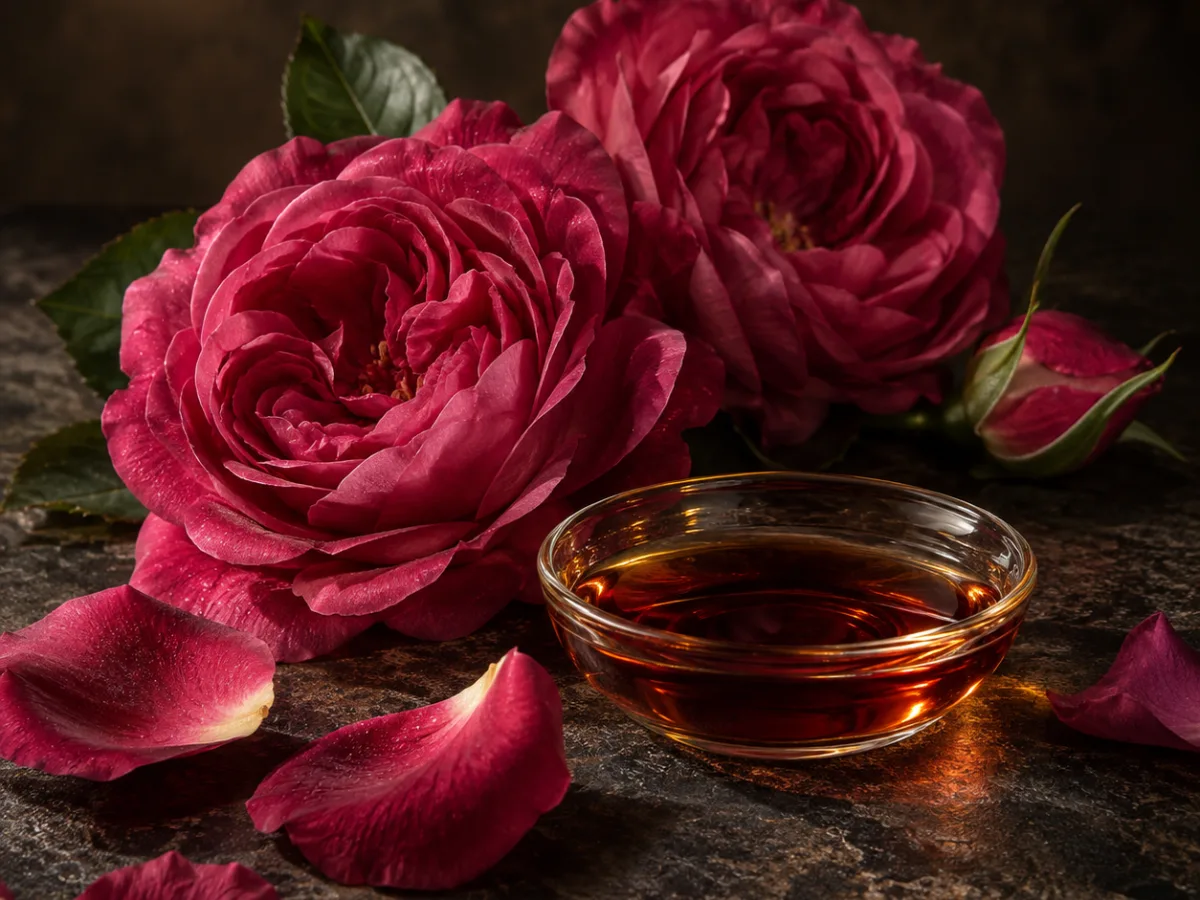 Rose rosa intenso, petali vellutati e una piccola coppa di estratto ambrato, rappresentazione evocativa dell’assoluta di rosa Lancôme