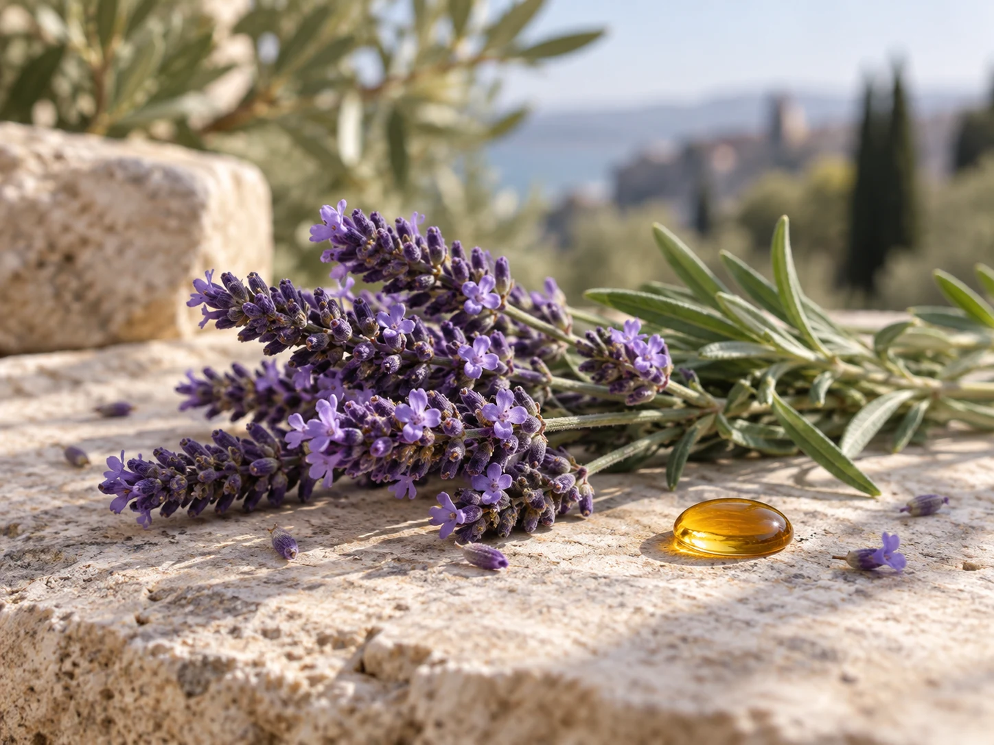 Fiori di lavanda con una goccia ambrata di olio aromatico su pietra chiara