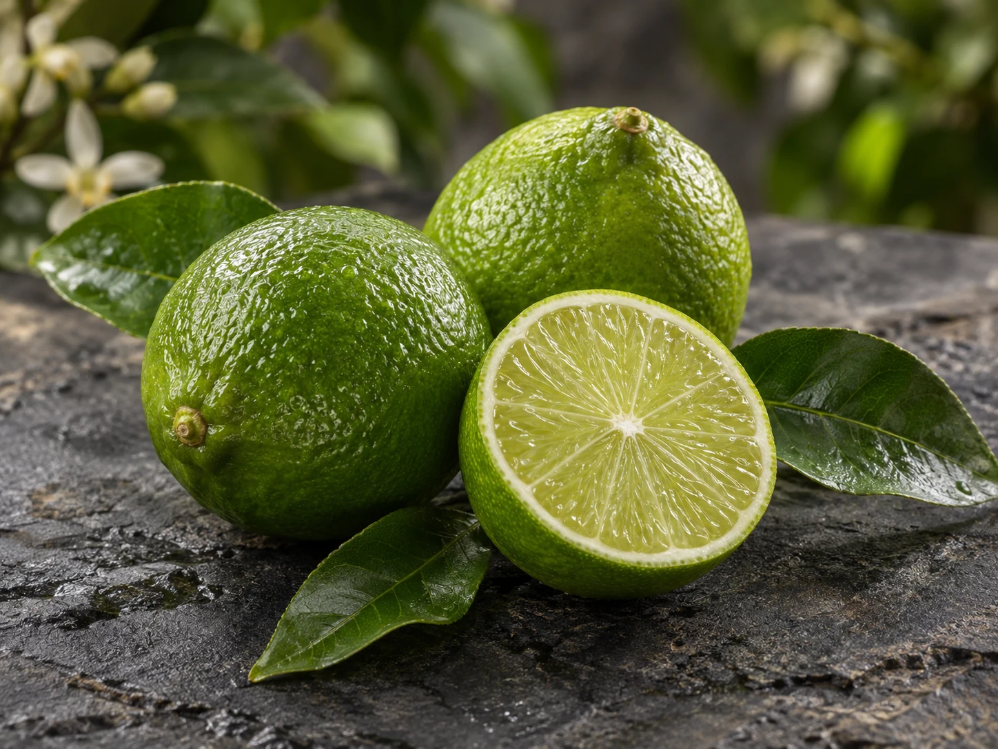 Lime verdi interi e tagliati con foglie lucide