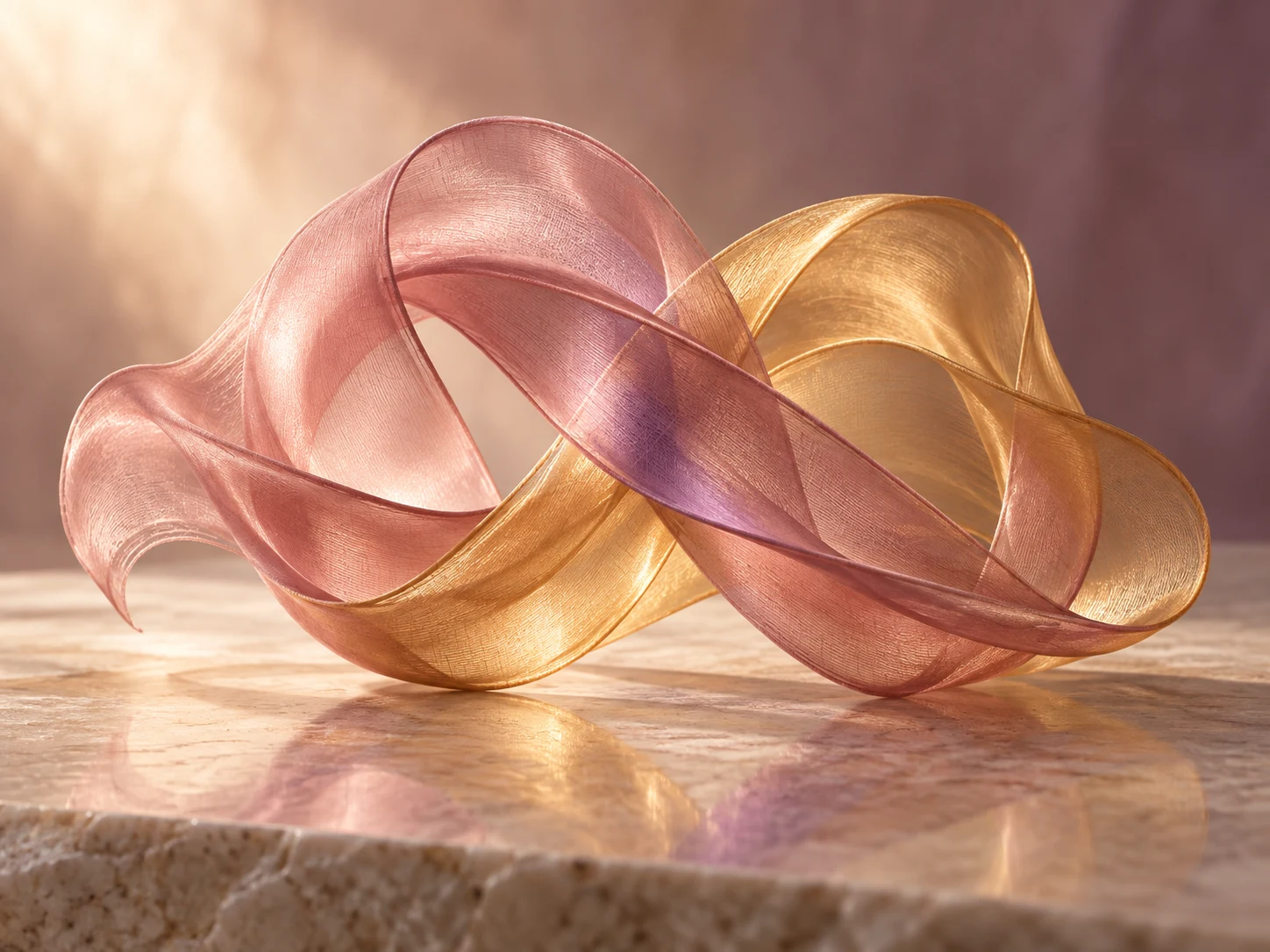 Nastri traslucidi rosa e oro intrecciati su una superficie chiara