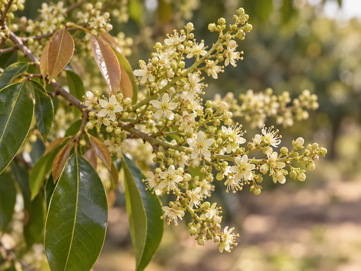 Pannocchia di piccoli fiori crema del litchi con giovani foglie ramate, rappresentazione botanica evocativa della materia olfattiva