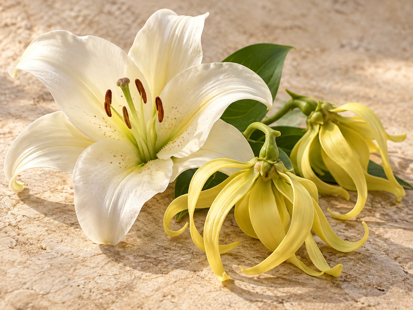 Un giglio bianco accanto a due fiori gialli di ylang-ylang su pietra chiara, evocazione di Lys Ylang
