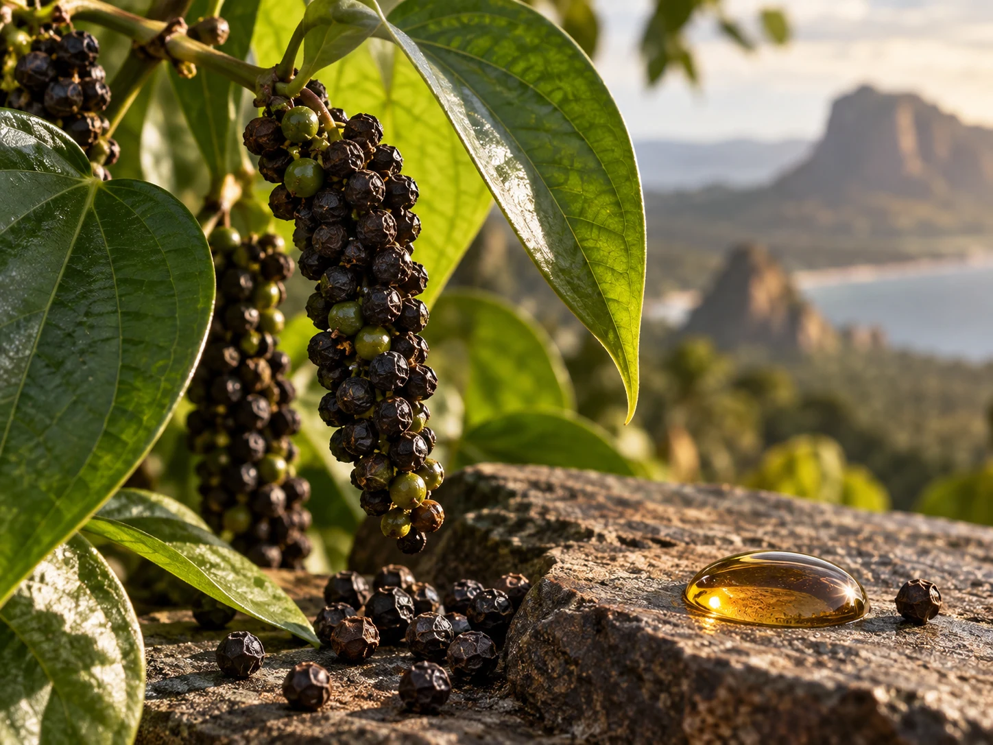 Grappoli di pepe nero e una goccia ambrata di olio aromatico