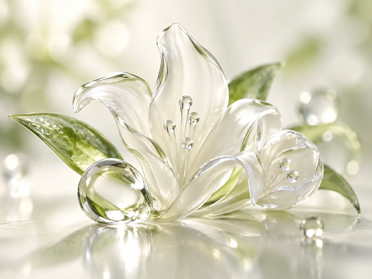 Forme floreali di vetro bianco con foglie verdi, interpretazione evocativa di Mahonial