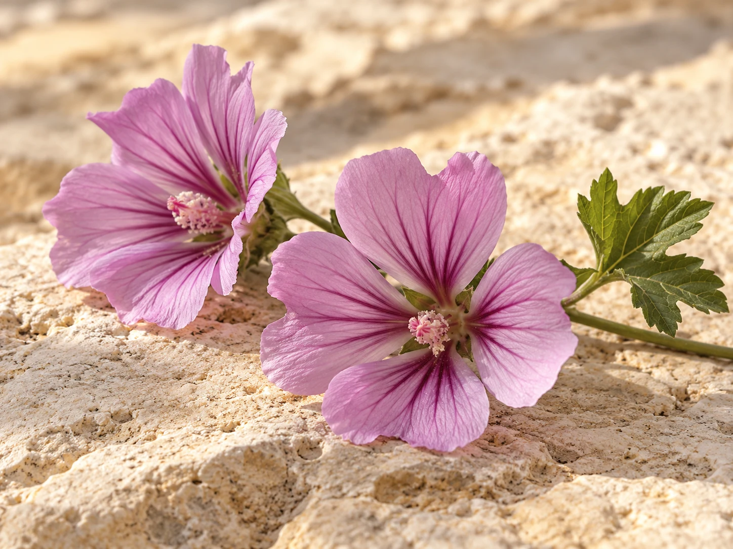 Due fiori di malva rosa violaceo con venature scure su pietra chiara