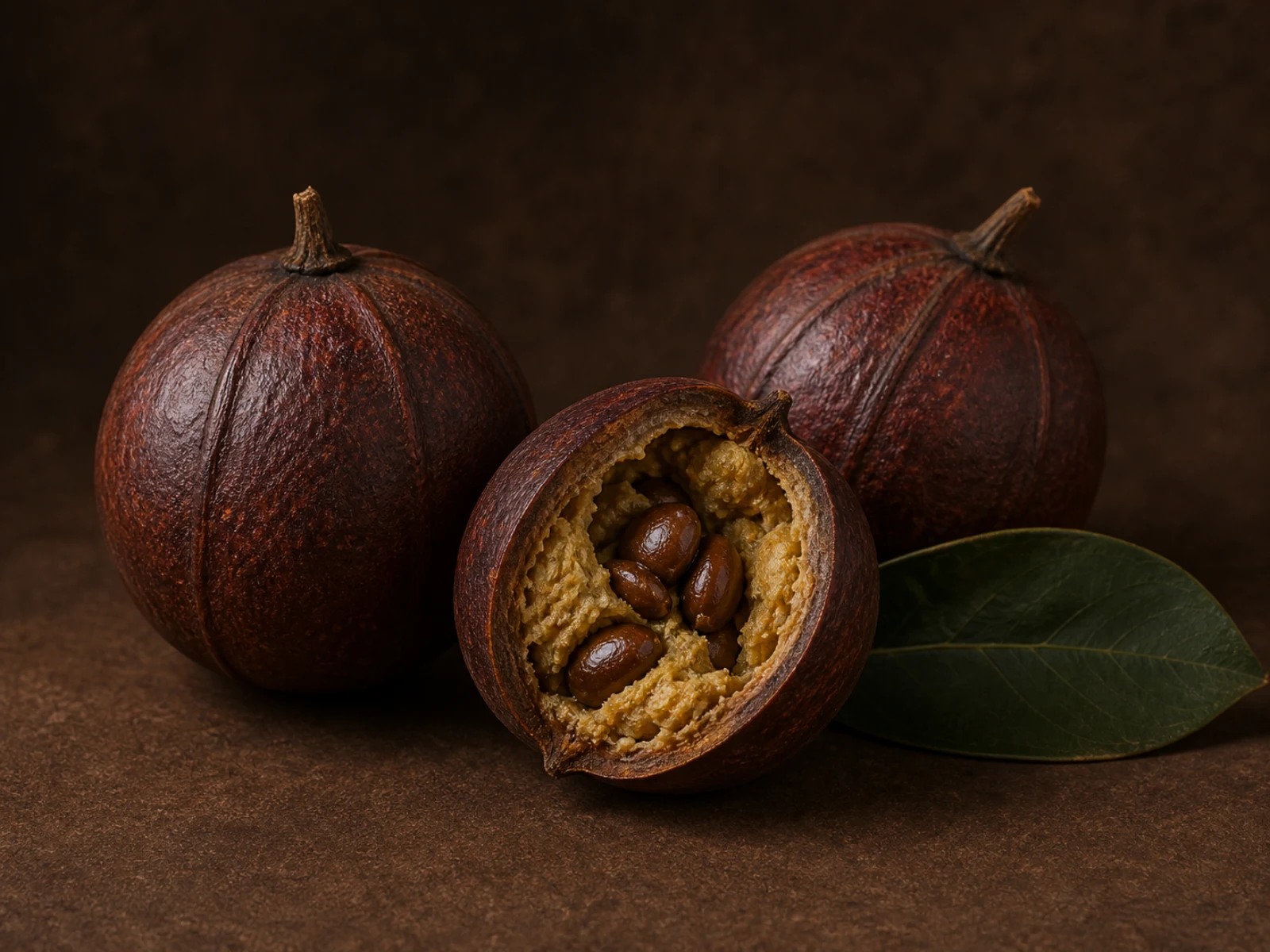Frutti di maninka maturi, uno dei quali aperto