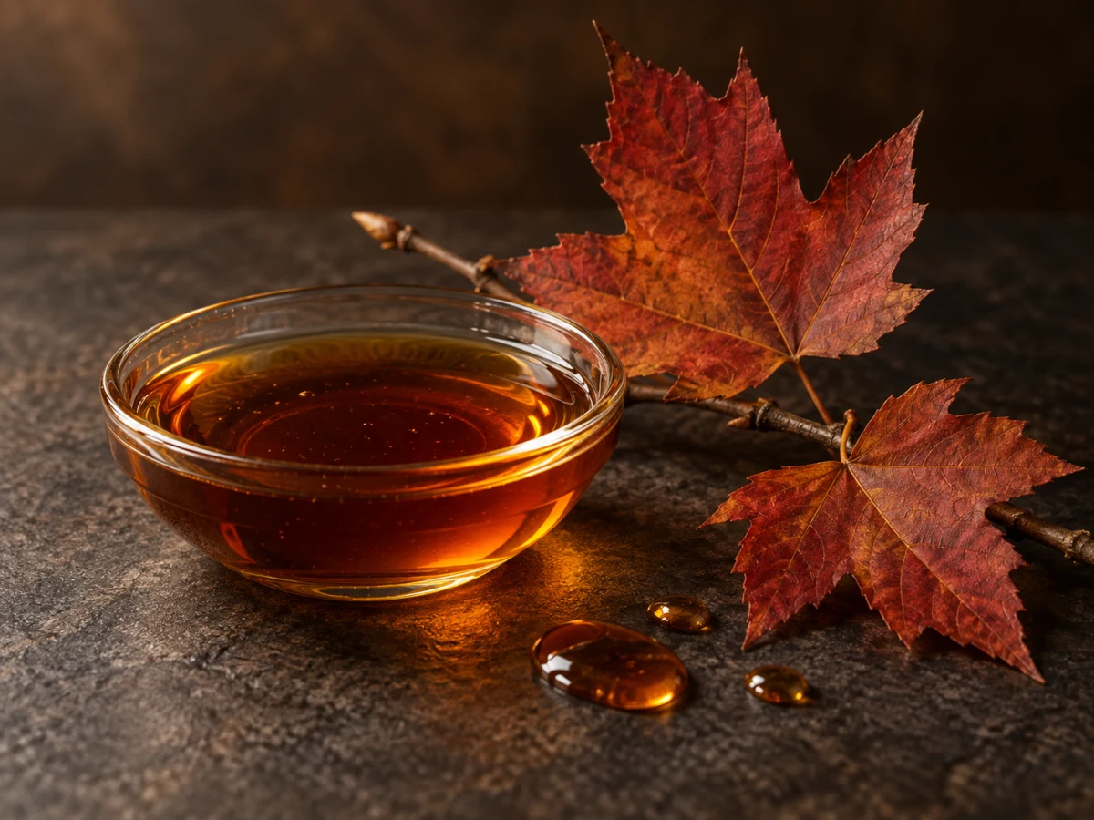 Sciroppo d’acero ambrato in una piccola coppa di vetro con foglie rosse d’acero su pietra scura, rappresentazione evocativa dell’accordo gourmand