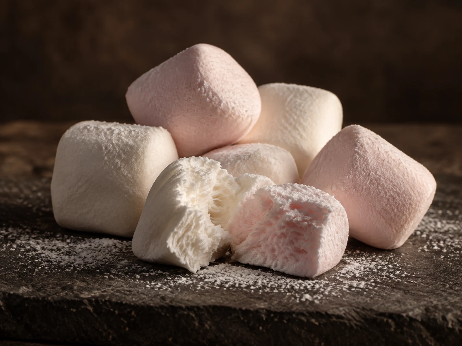 Marshmallow bianchi e rosa, uno aperto per mostrarne la consistenza soffice, su pietra scura