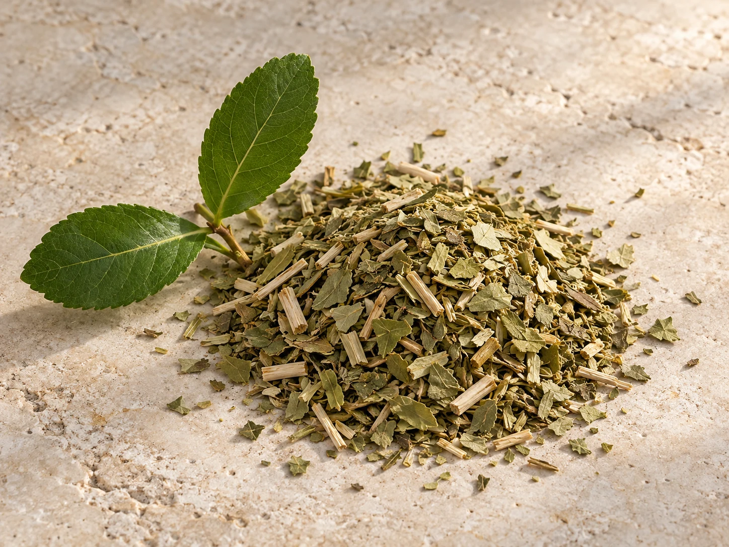 Foglie essiccate e tagliate di maté con un rametto verde su pietra chiara