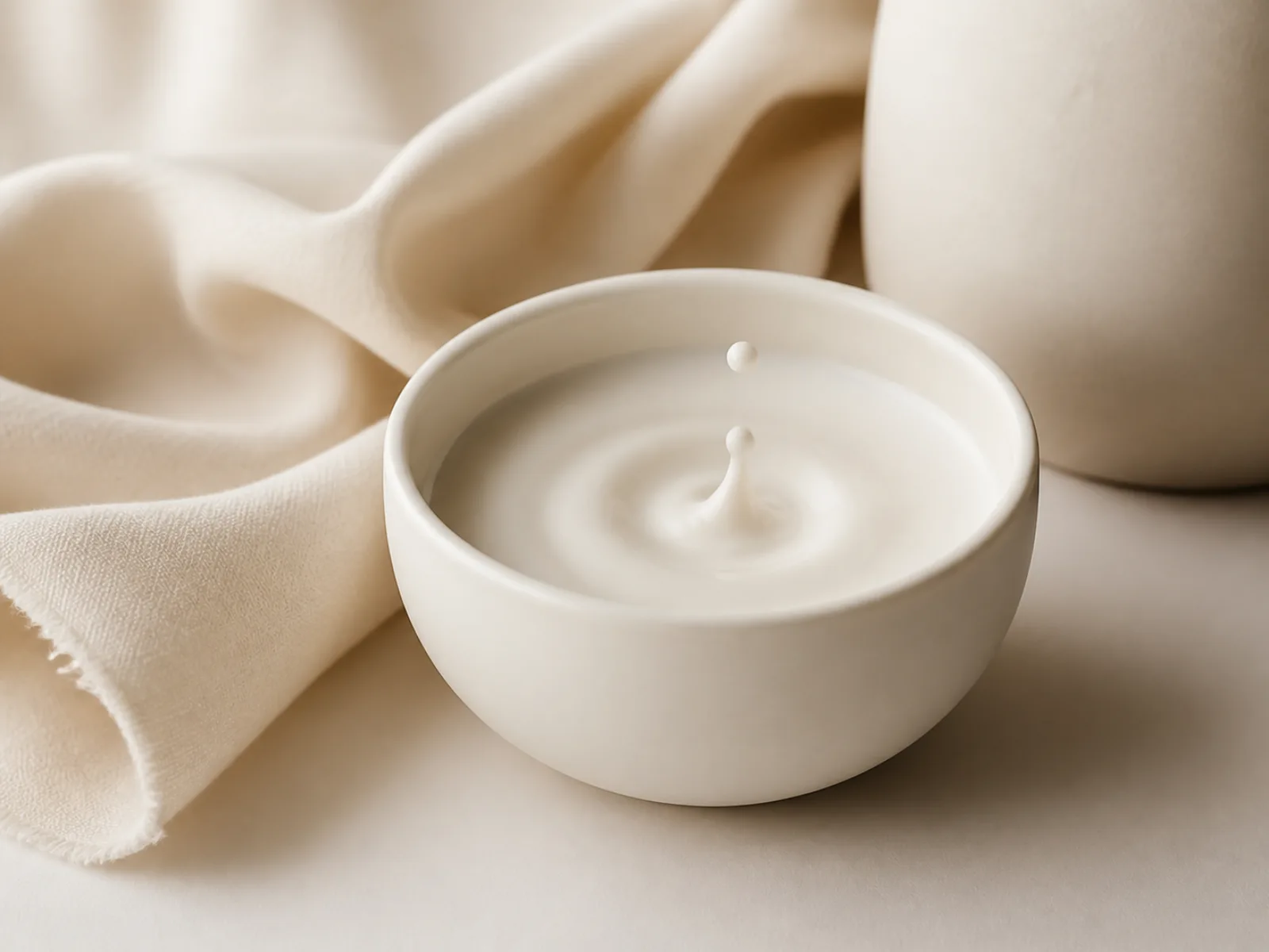 Latte cremoso in una ciotola di ceramica fra tessuti color avorio