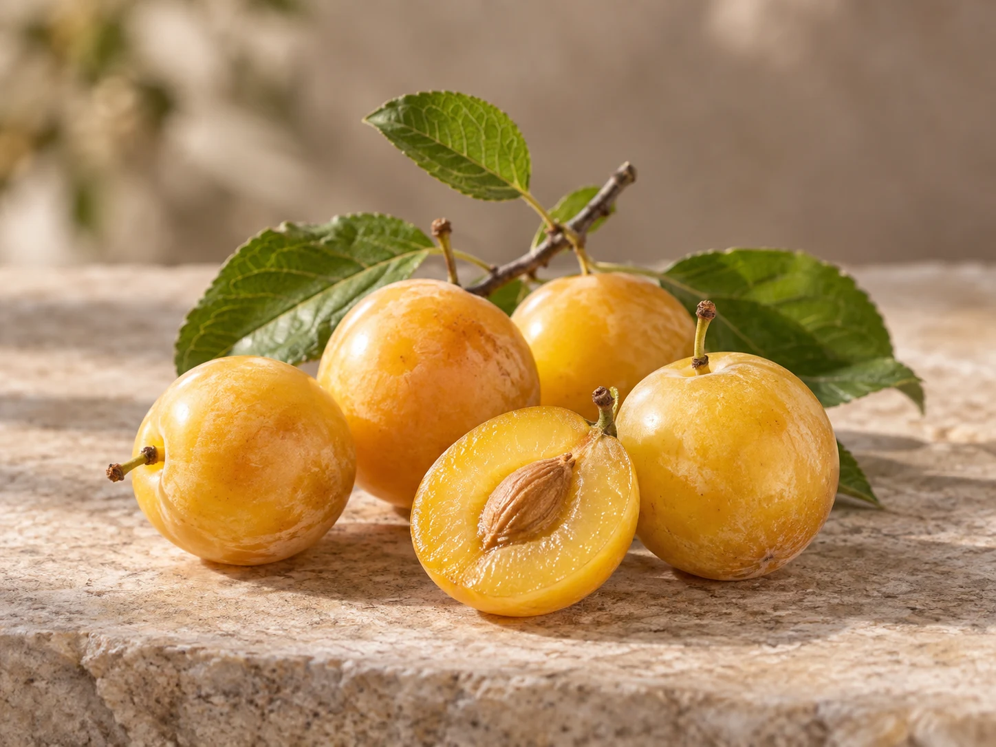 Prugne mirabelle dorate, una aperta, con foglie su pietra chiara