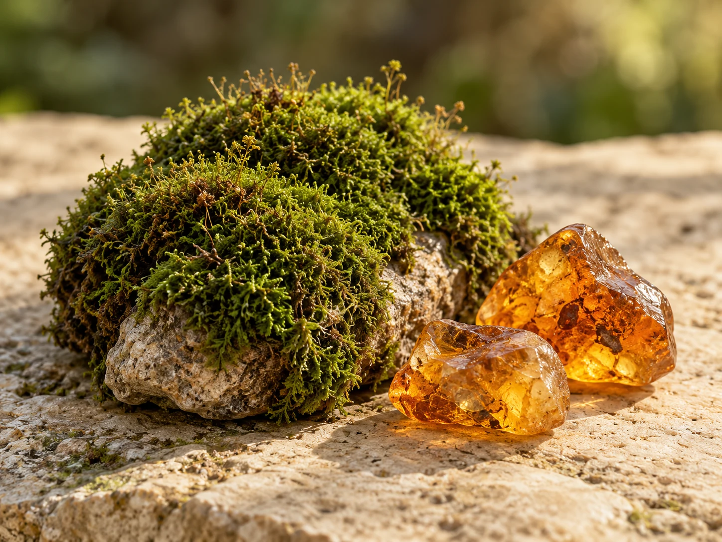 Muschio verde su una pietra accanto a forme ambrate dorate, immagine evocativa dell’accordo Moss Amber