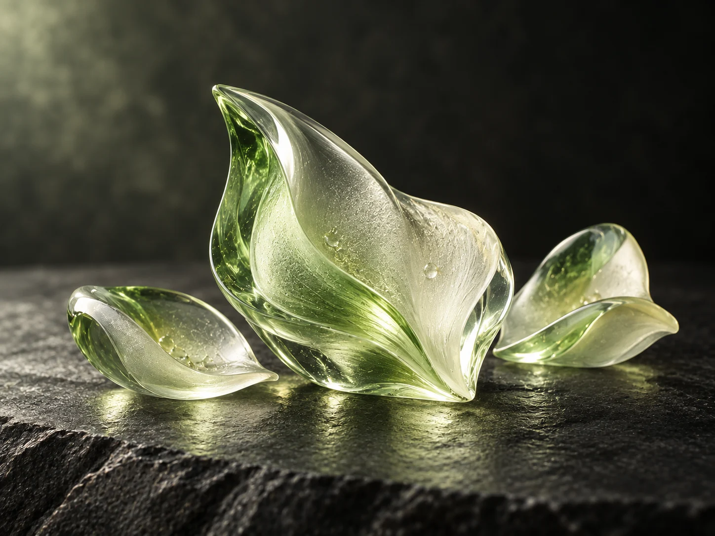 Forme traslucide verde chiaro simili a petali con gocce luminose