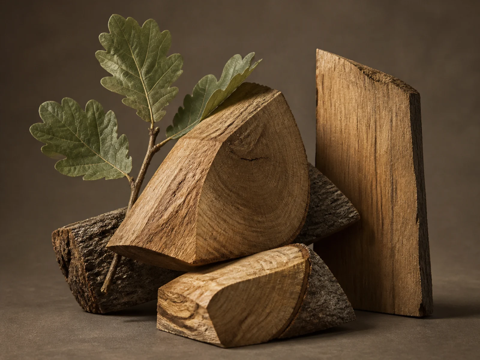 Legno di quercia appena tagliato con foglie
