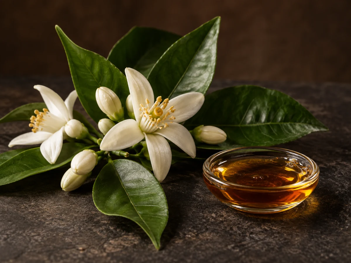 Fiori d’arancio bianchi, foglie verdi lucide e una piccola coppa di estratto ambrato su pietra scura, rappresentazione evocativa dell’assoluta