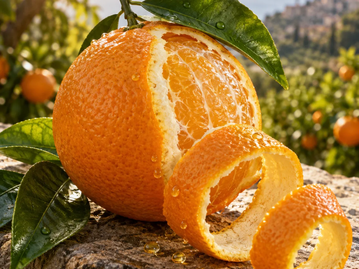 Arancia matura con scorza appena rimossa e gocce aromatiche in un agrumeto luminoso, rappresentazione evocativa della materia olfattiva