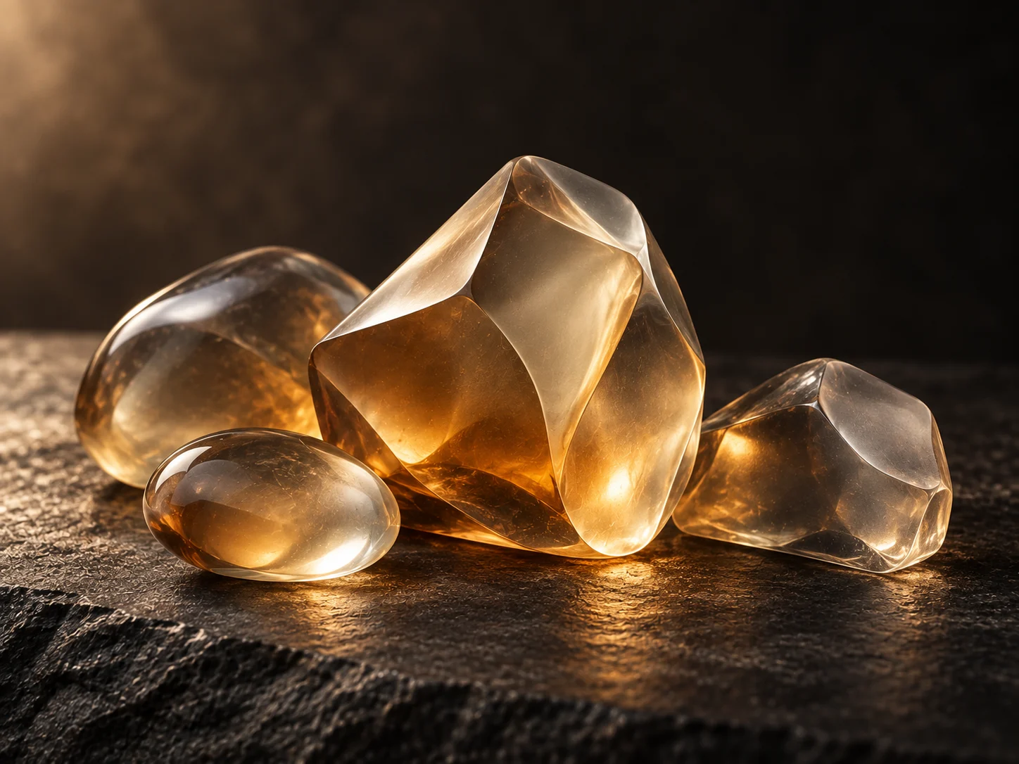 Forme traslucide grigio ambra illuminate su pietra scura