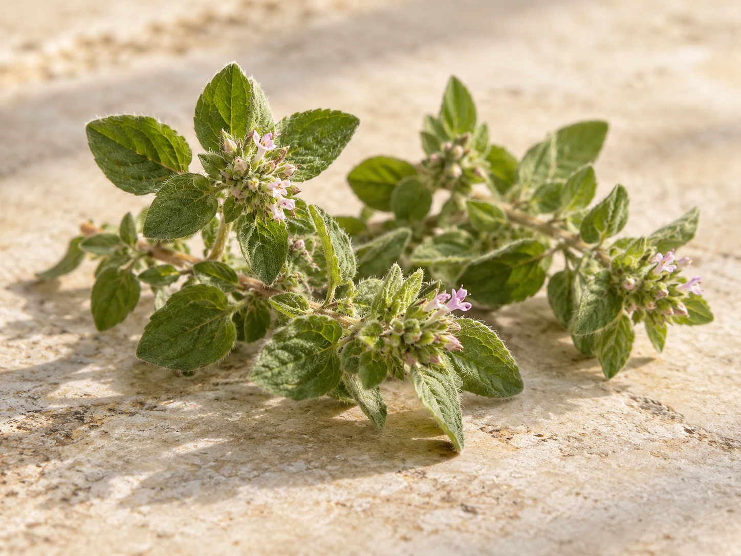 Rametti verdi di origano con piccole foglie e fiori rosa pallido su pietra chiara.