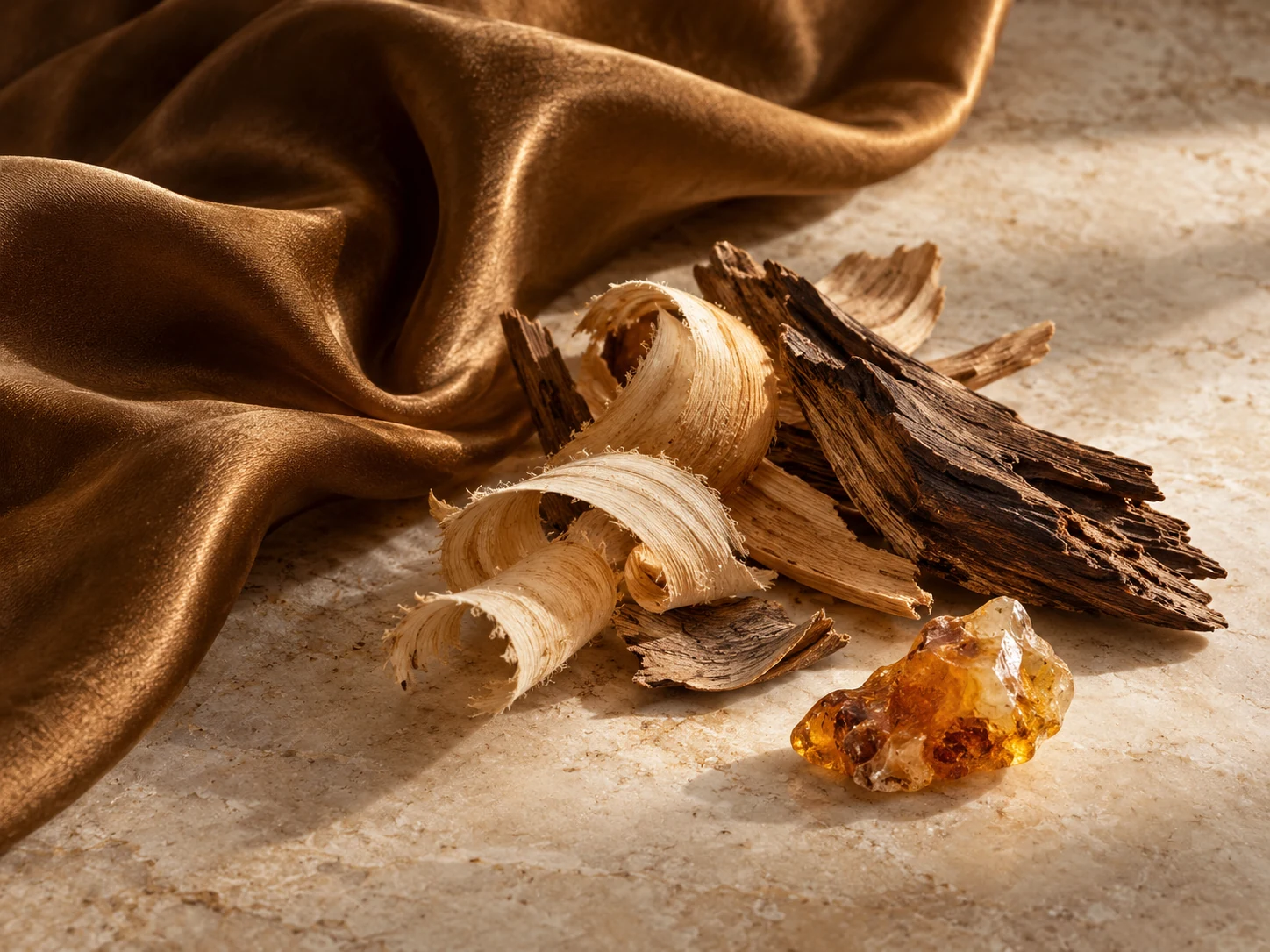 Seta bruna dorata, scaglie di legno e una resina ambrata su pietra chiara, evocazione delle note orientali