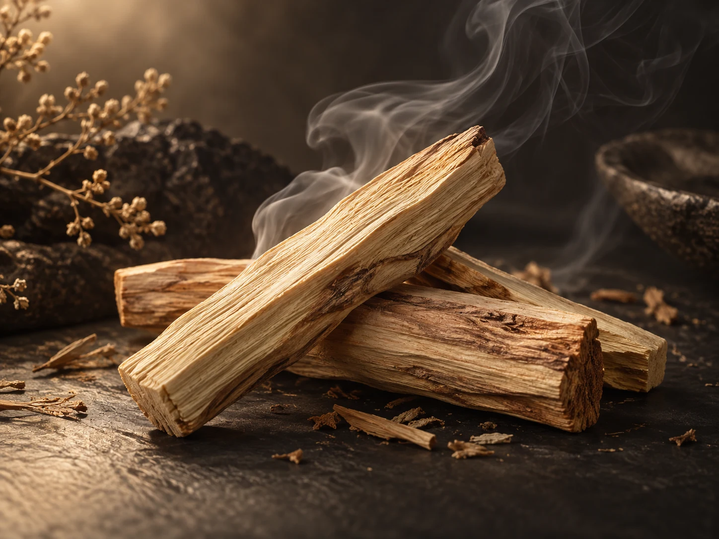 Legno chiaro di Palo Santo con un velo di fumo su pietra scura