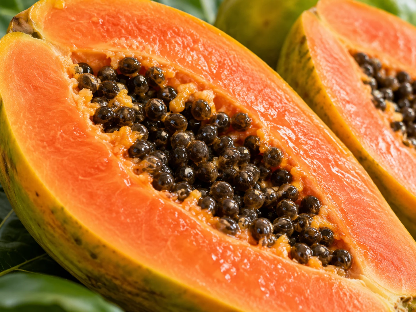 Polpa aranciata e semi lucidi di una papaya matura aperta