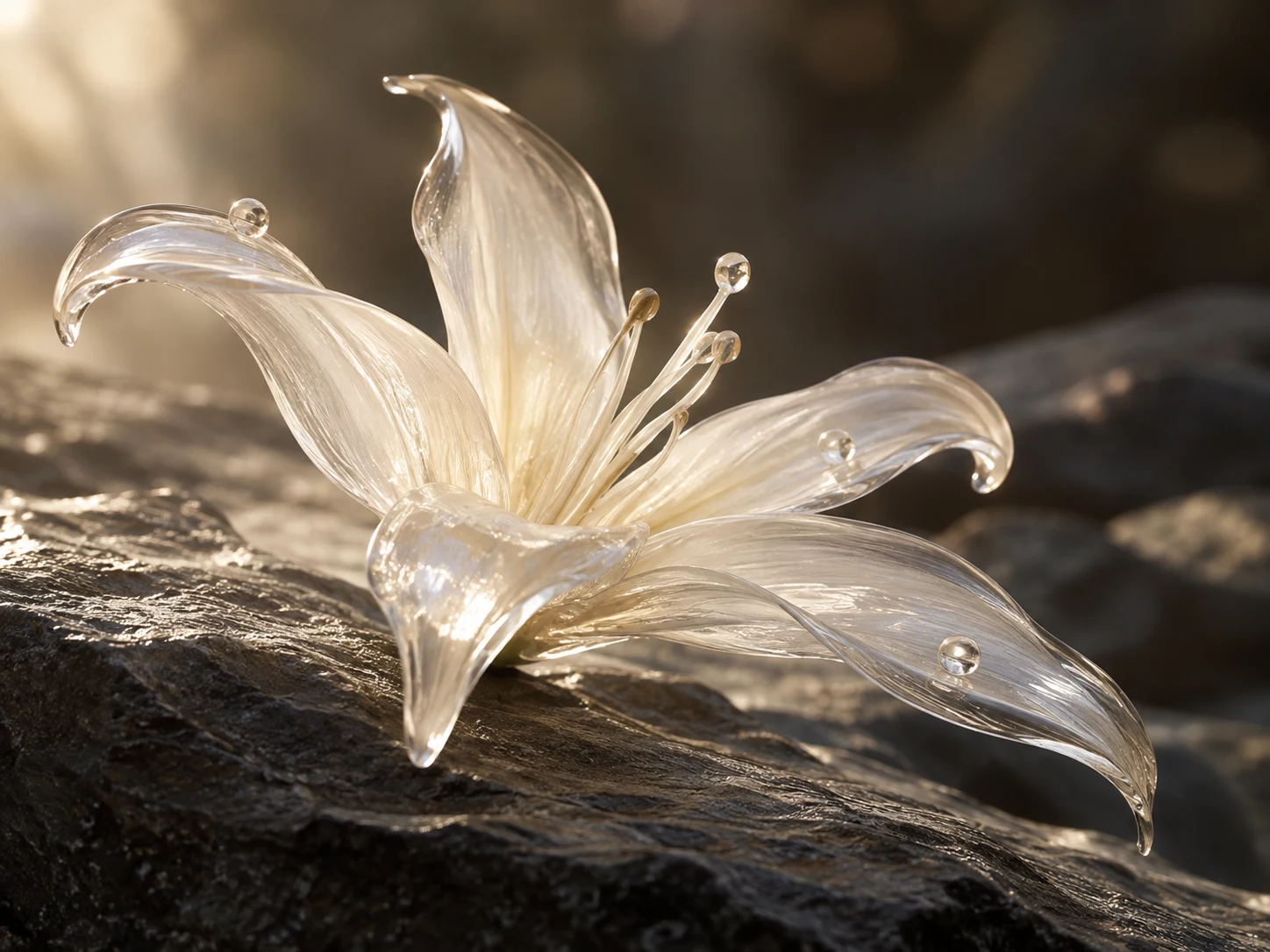 Fiore di vetro luminoso su pietra scura, evocazione della nota floreale Paradisone