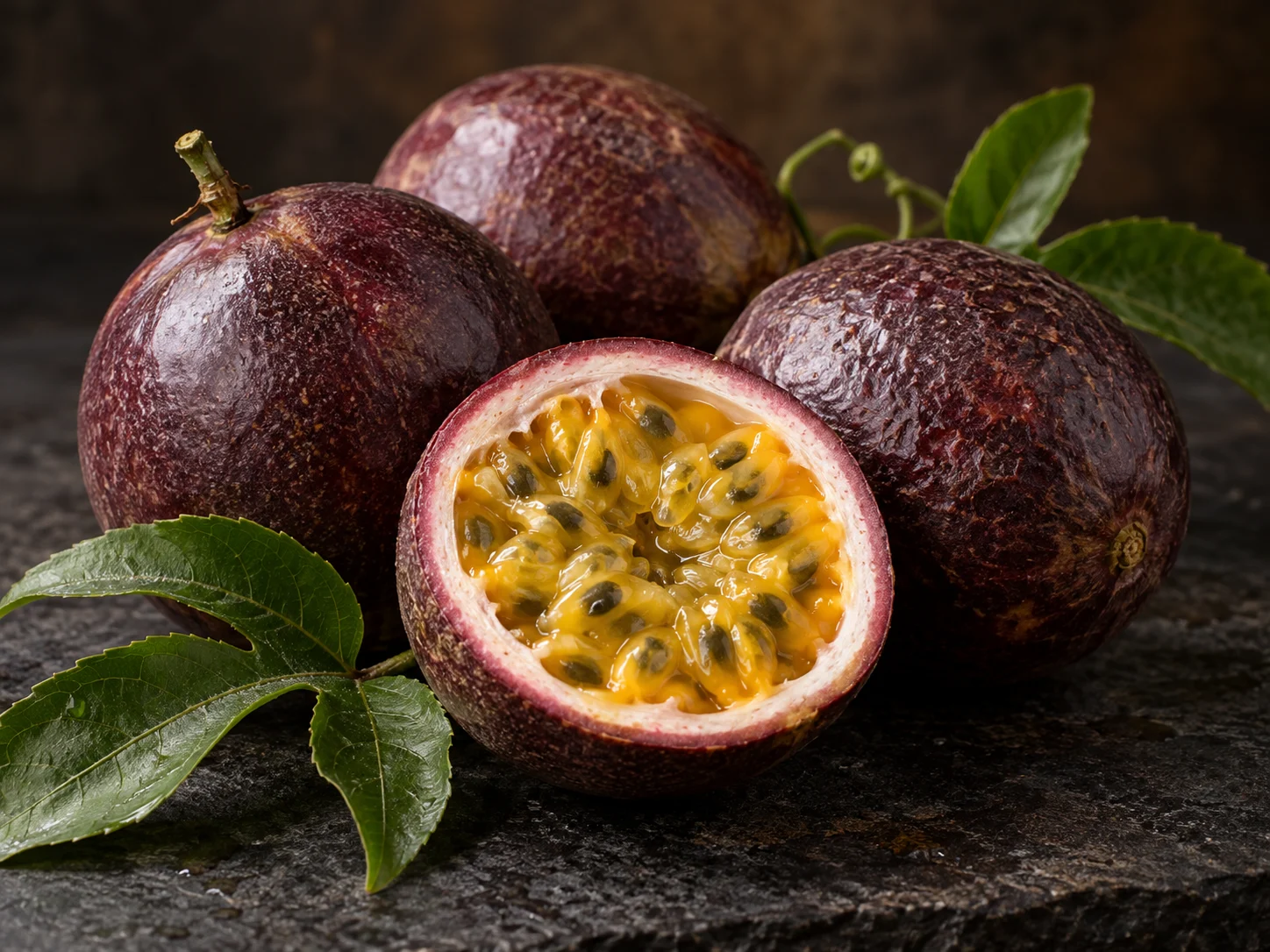 Frutti della passione viola interi e tagliati con polpa dorata su una superficie di pietra scura