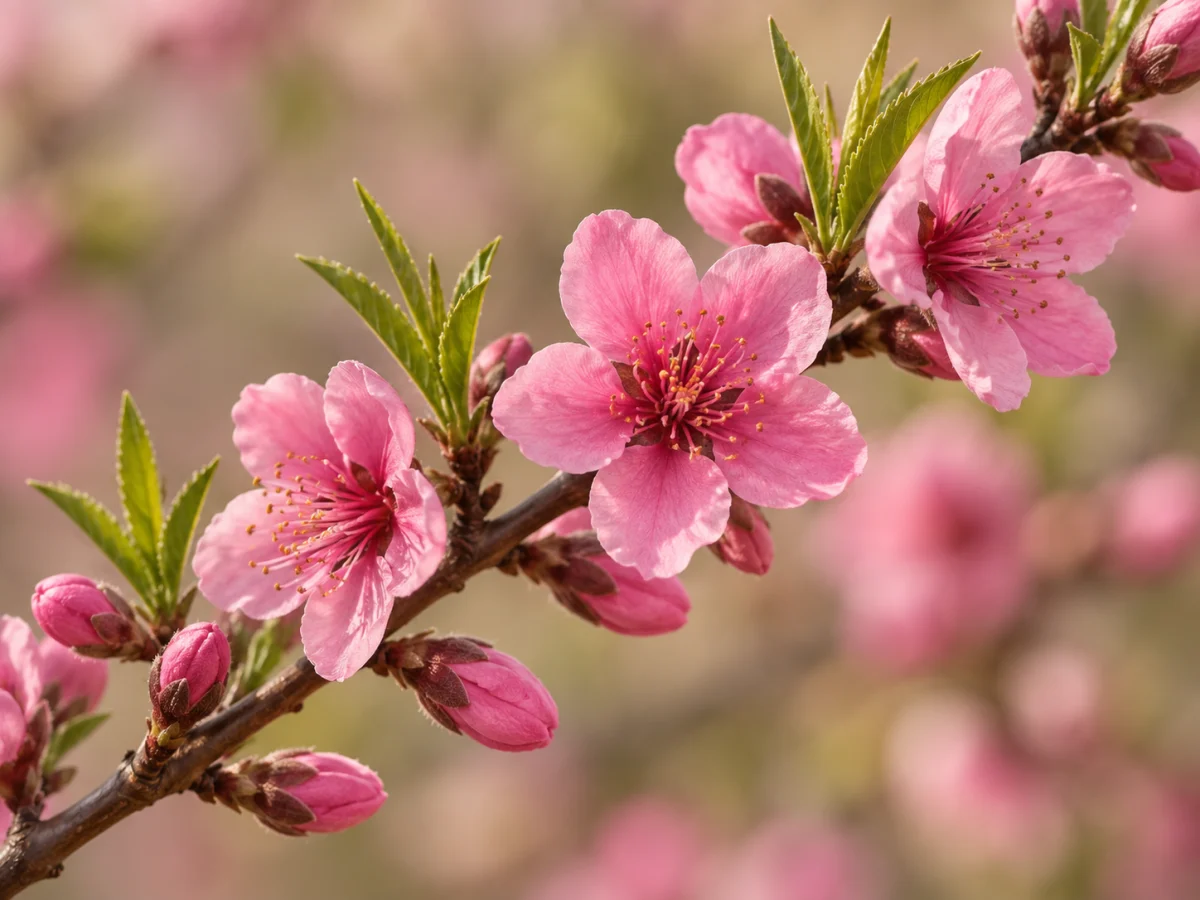 Fiori di pesco rosa intenso su un ramo con giovani foglie, rappresentazione botanica evocativa della materia olfattiva