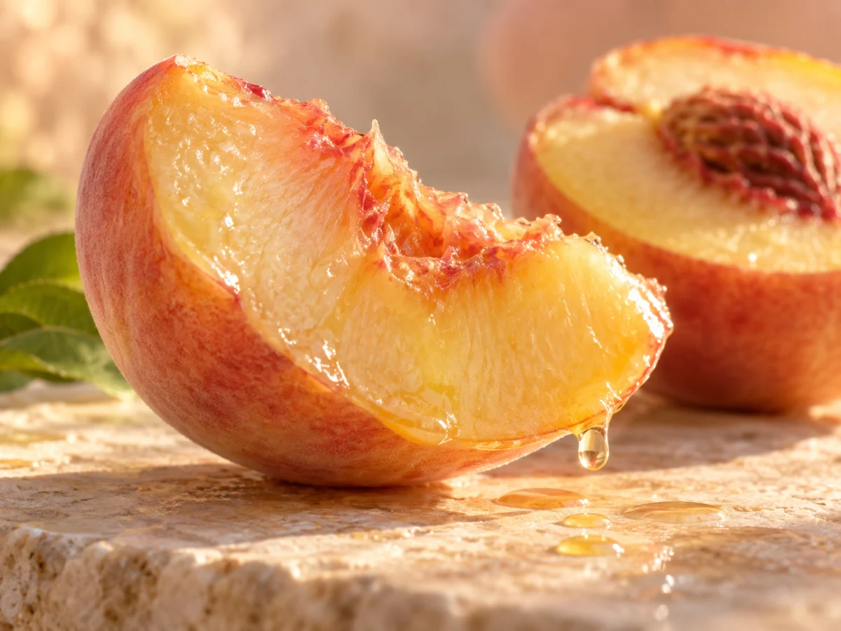 Pesca matura aperta con una goccia di succo, rappresentazione evocativa dell’estratto Peach Orpur