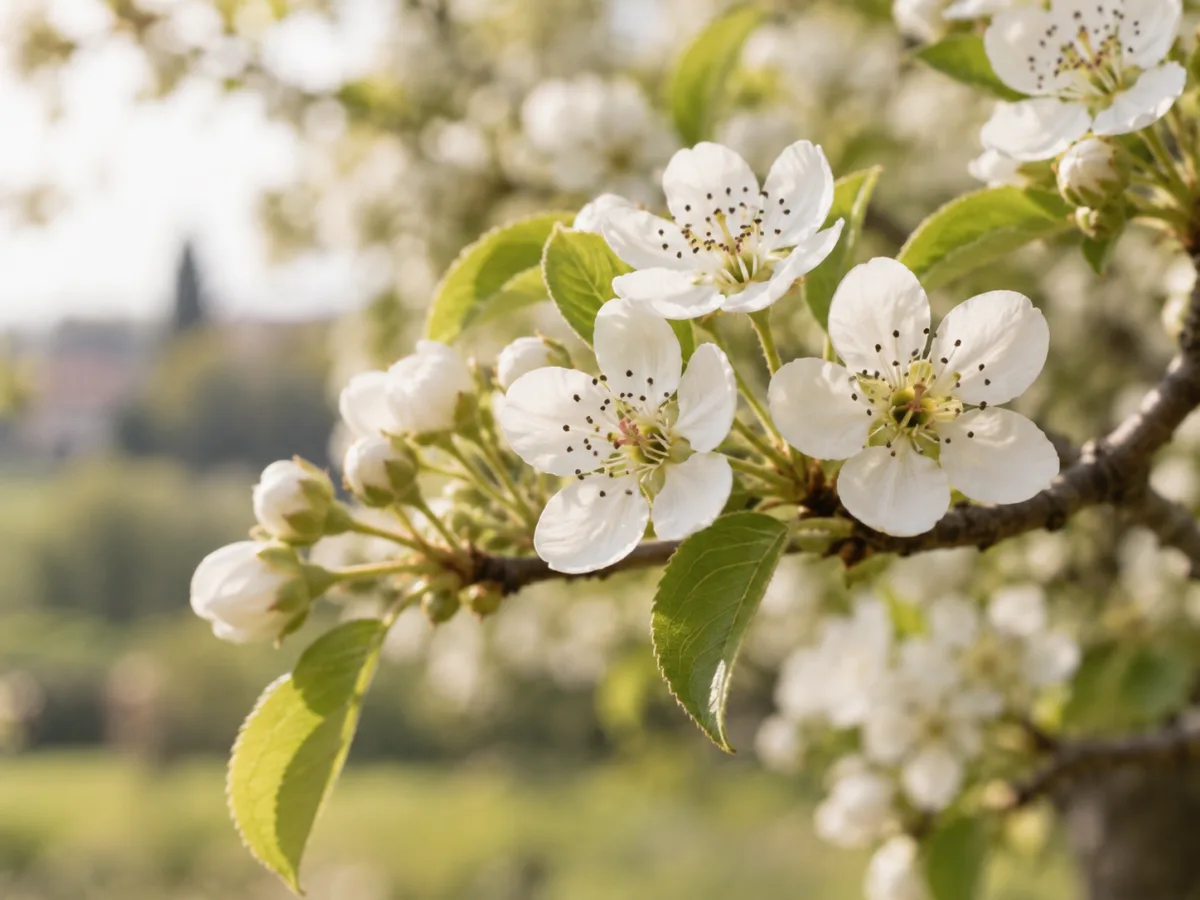 Fiori bianchi di pero su un ramo con giovani foglie verdi