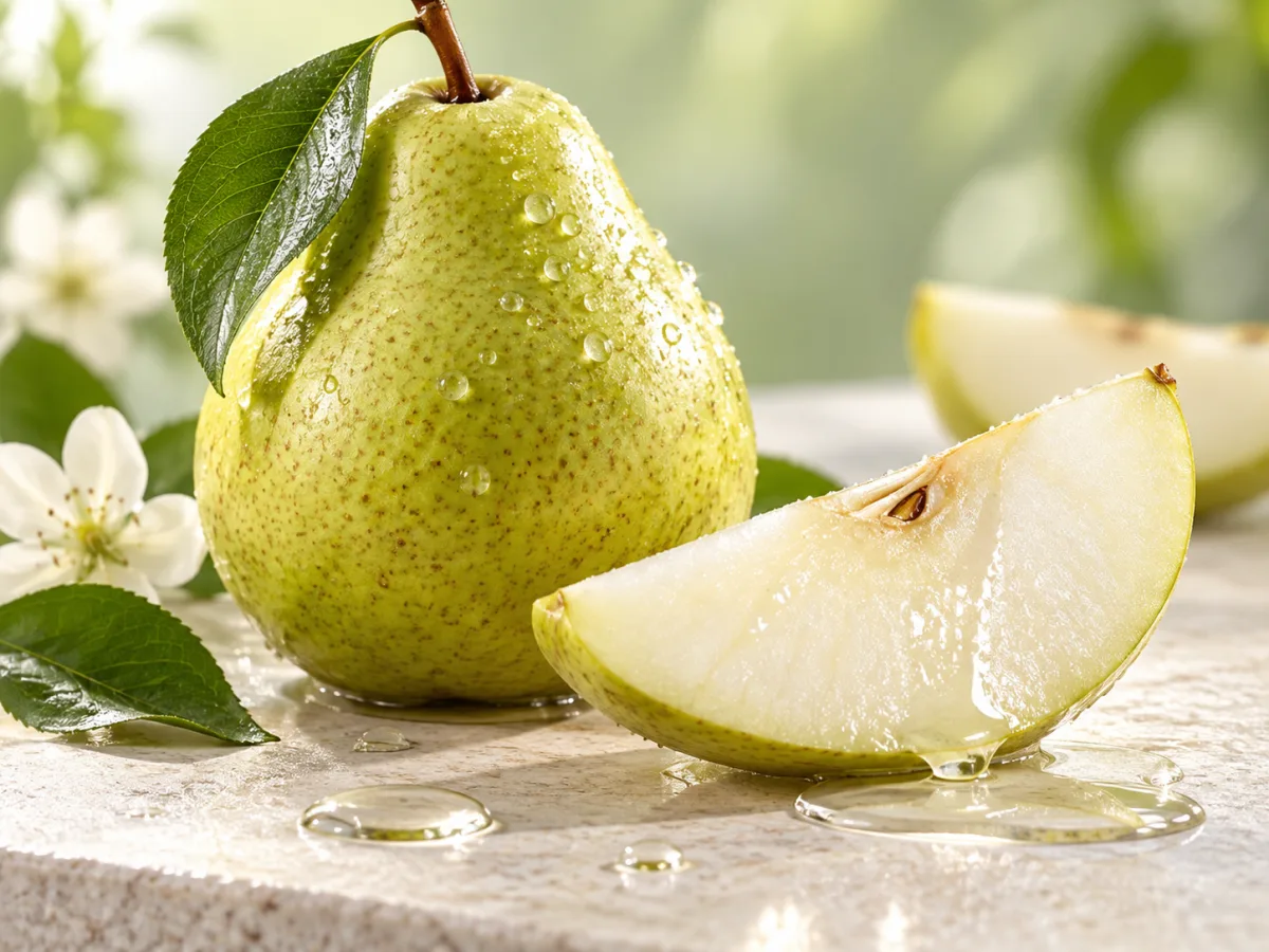 Pera verde matura tagliata con polpa lucida e gocce trasparenti