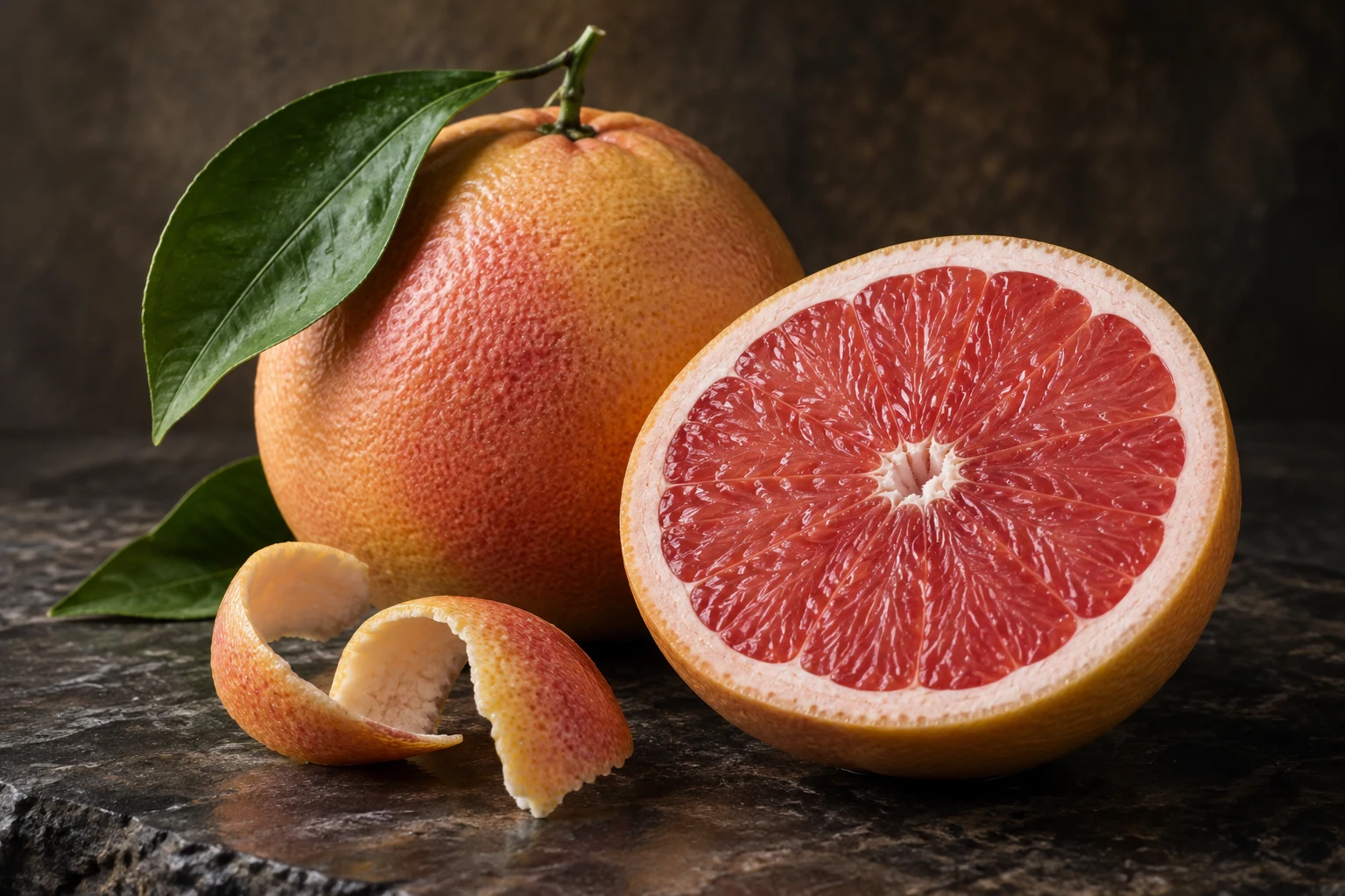 Pompelmo rosa intero e tagliato con scorza e foglia