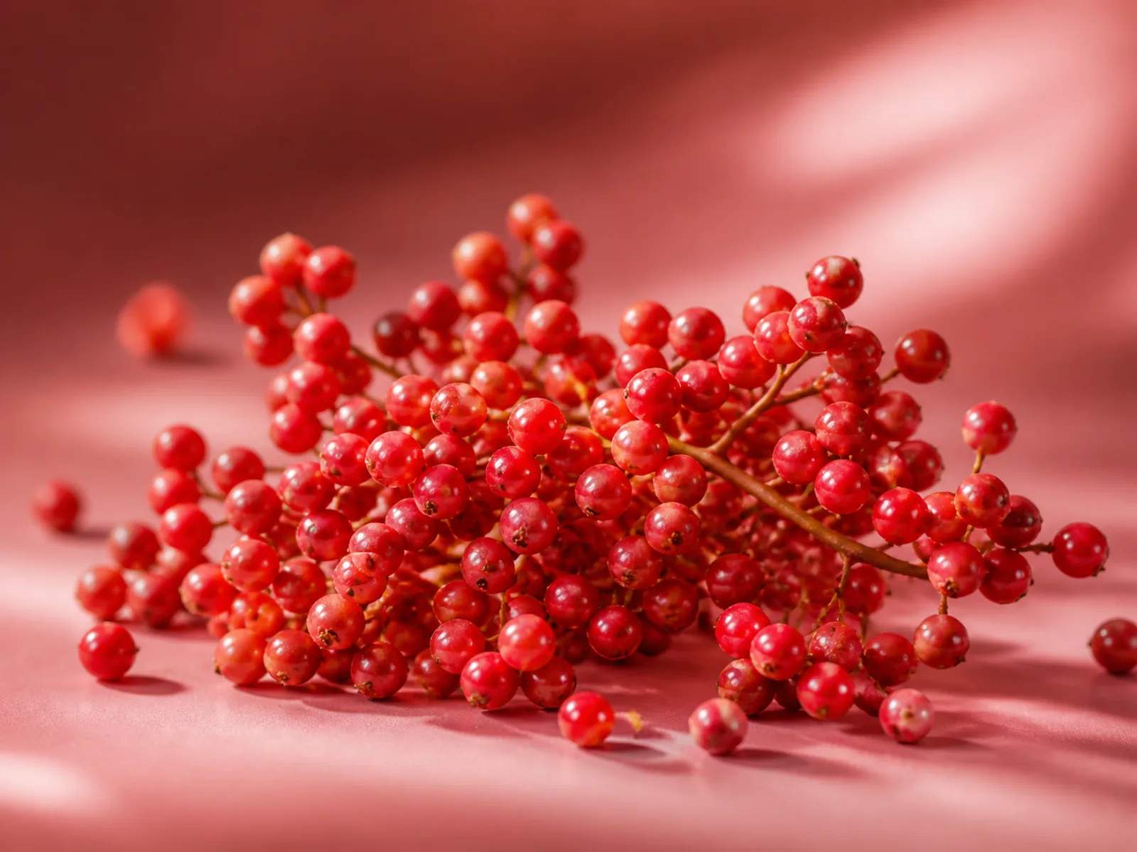 Grappoli di bacche di pepe rosa su uno sfondo rosato