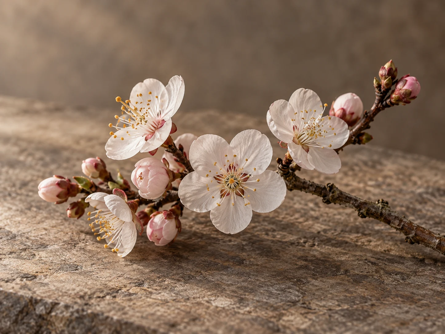 Fiori bianchi e rosa pallido di prugno su un ramo, appoggiato su pietra neutra.