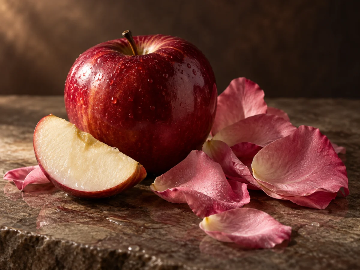 Mela rossa e petali di rosa, rappresentazione evocativa dell’accordo Pomarose