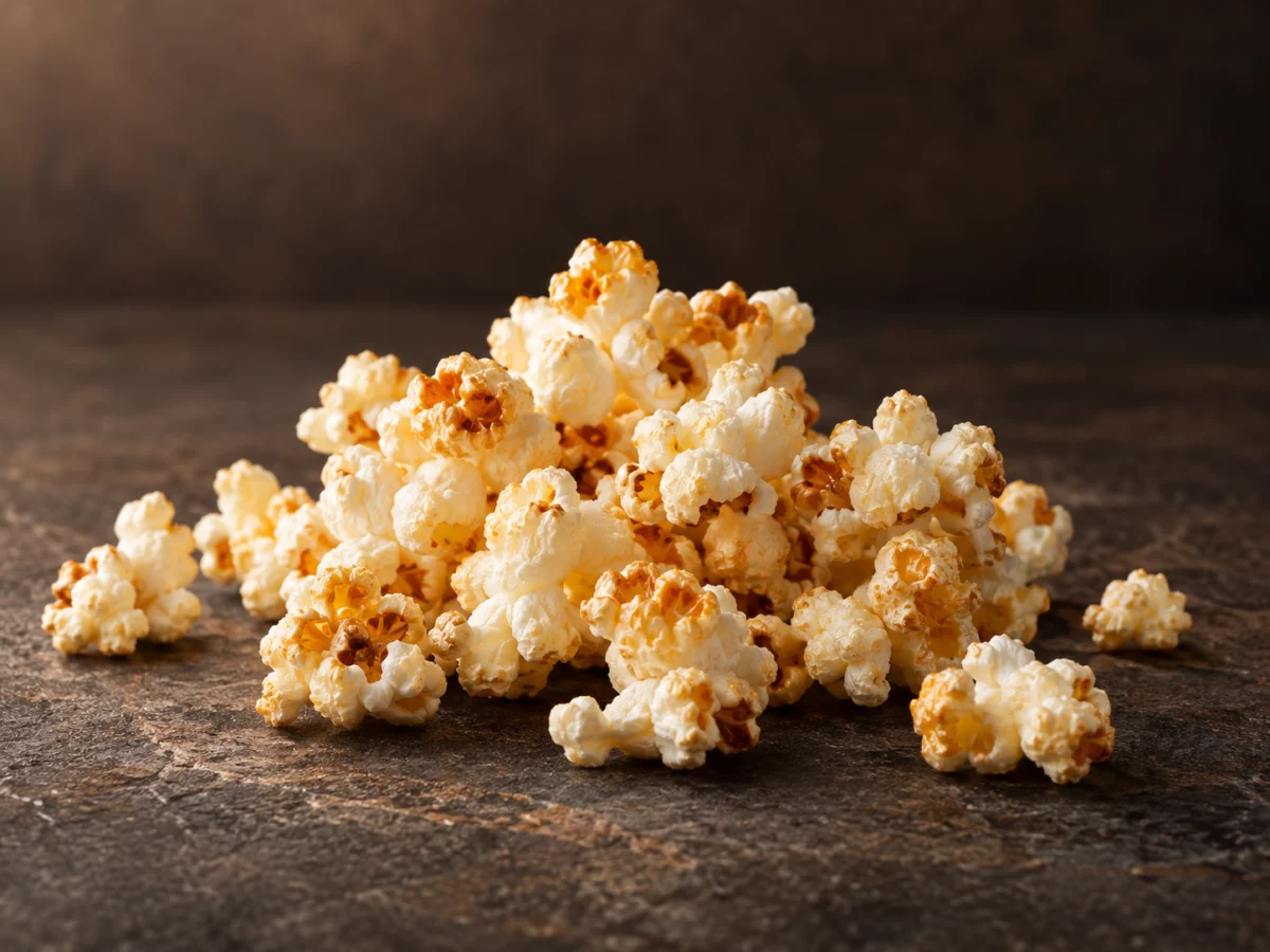 Chicchi di popcorn chiari con leggere sfumature dorate su pietra scura