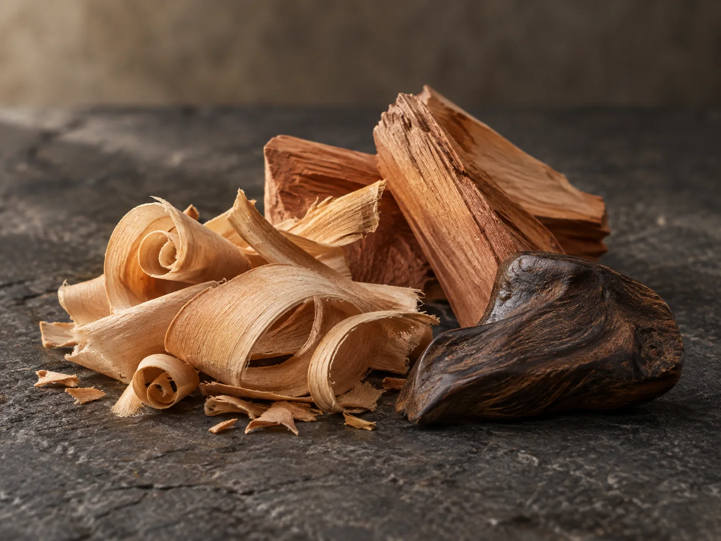 Trucioli chiari e frammenti di legni aromatici dalle diverse venature su pietra scura