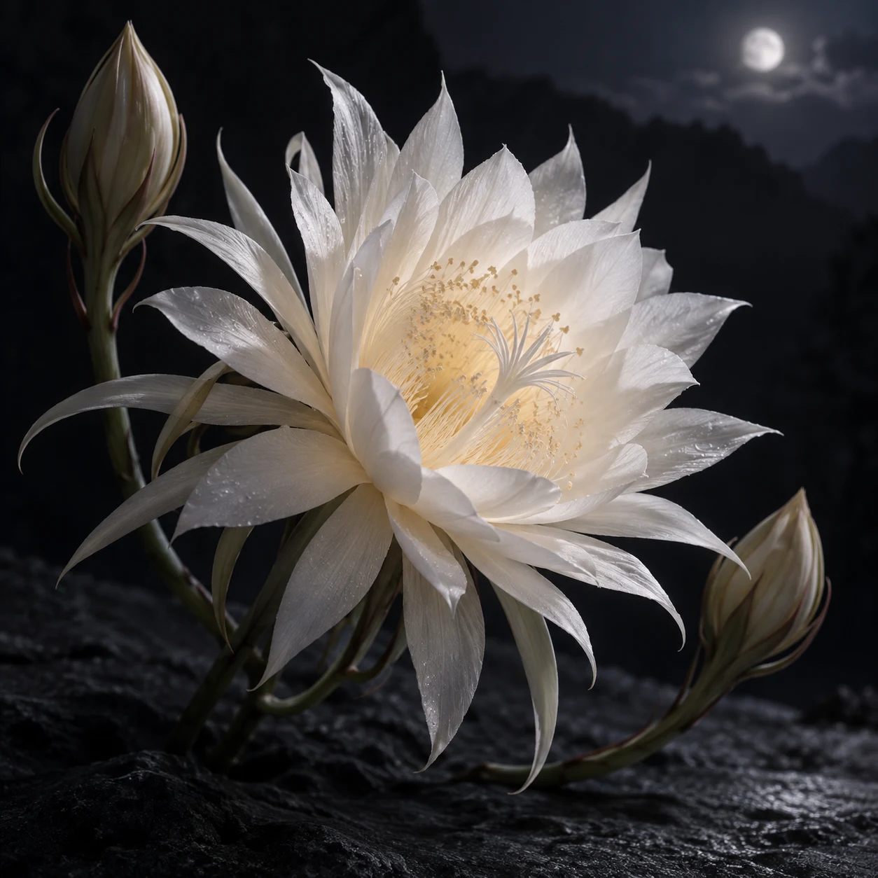 Grande fiore bianco notturno con due boccioli su uno sfondo scuro