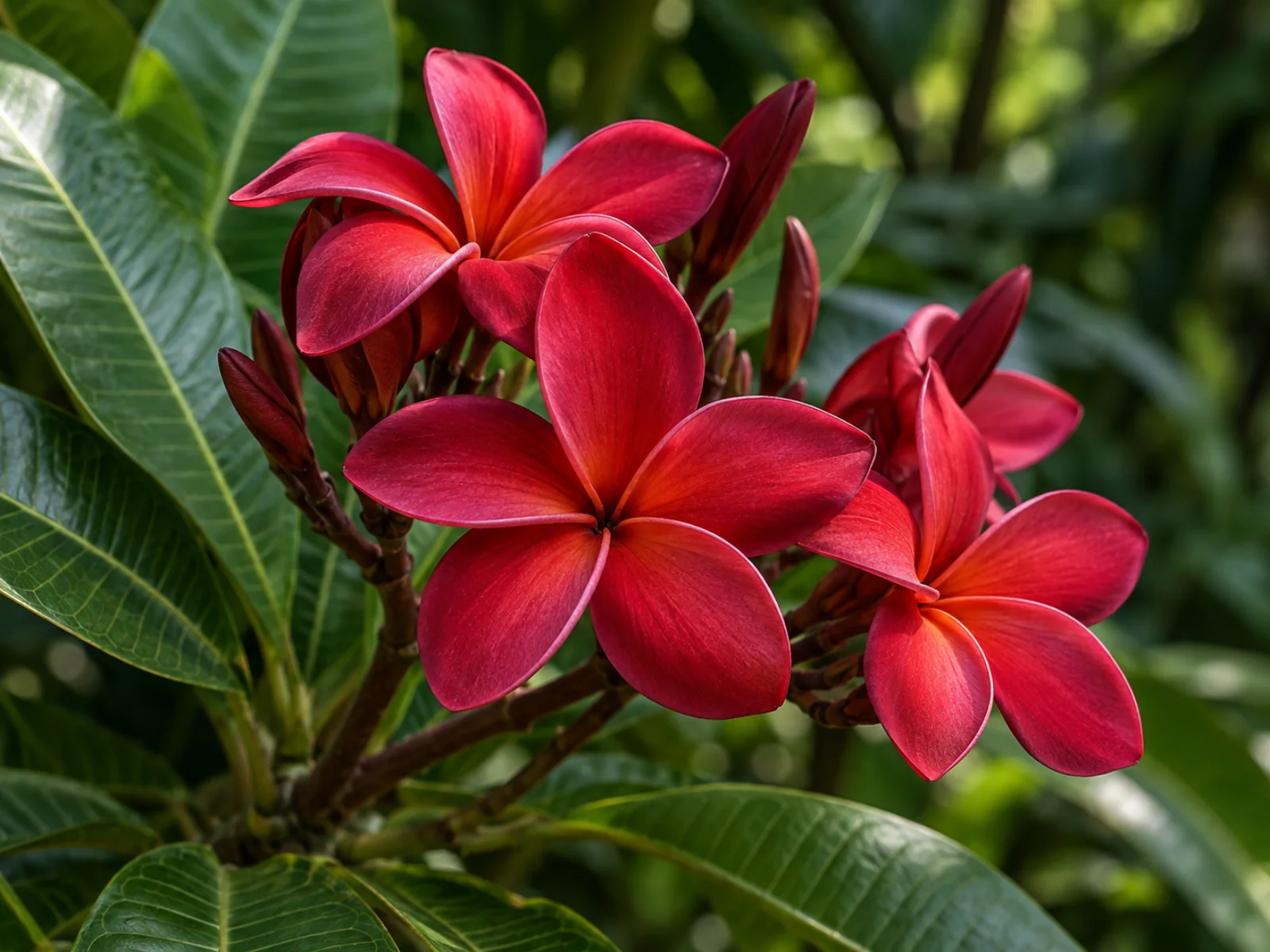 Fiori di frangipani rosso su un ramo circondato da foglie tropicali verdi