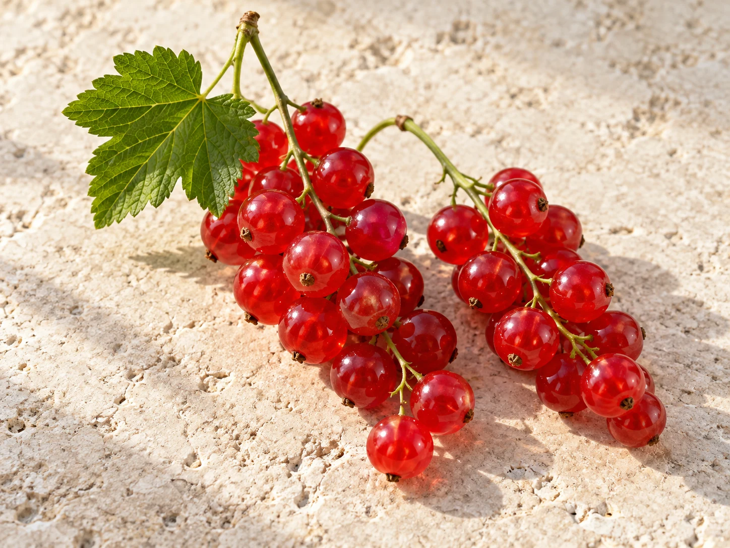 Due grappoli di ribes rosso lucido con una foglia verde su pietra chiara
