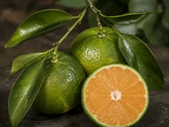 Mandarini verdi interi e tagliati con foglie lucide